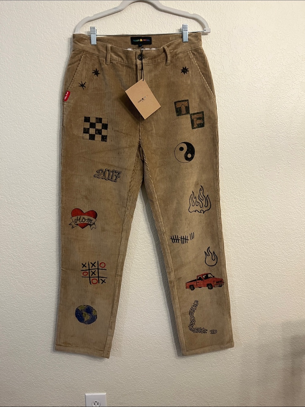 Exclusive Teddy Fresh Tan Corduroy Pants with Black & Red Embroidered Graphics